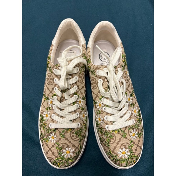 Tory Burch Shoes - Tory Burch Howell Court T Monogram Daisy Embroidered Sneakers Beige Brown Size 9